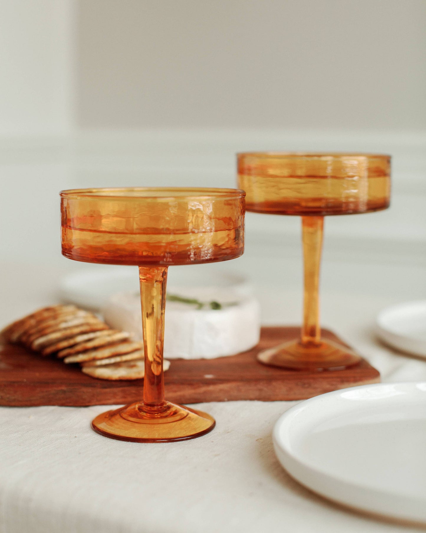Handblown Hammered Coupe Cocktail Glass Pair: Amber