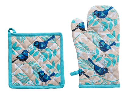 Oven Glove & Pot Holder Set - Blue Wren