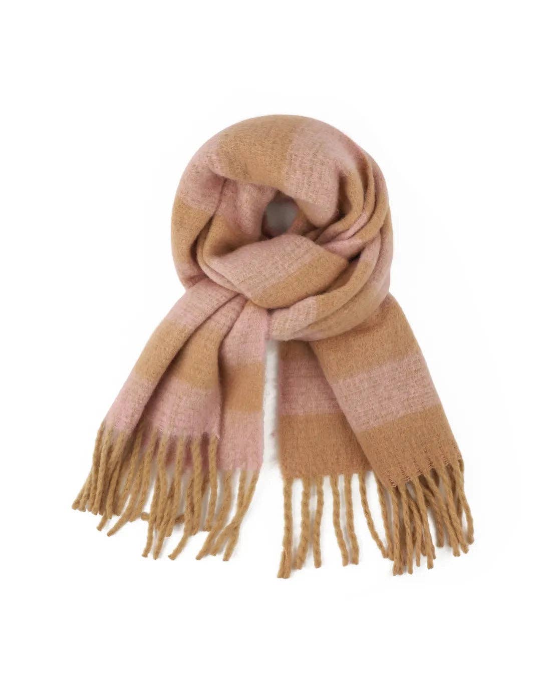 Striped Winter Scarf in Tan & Soft PInk