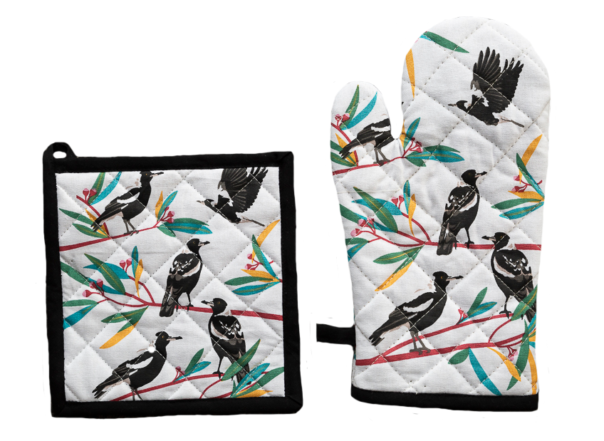 Oven Glove & Pot Holder Set - Magpies