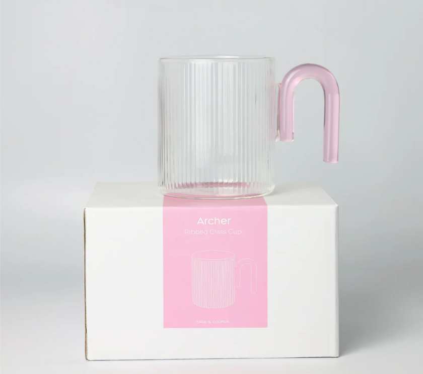 Archer Ribbed Glass Cup - Clear / Taffy Pink